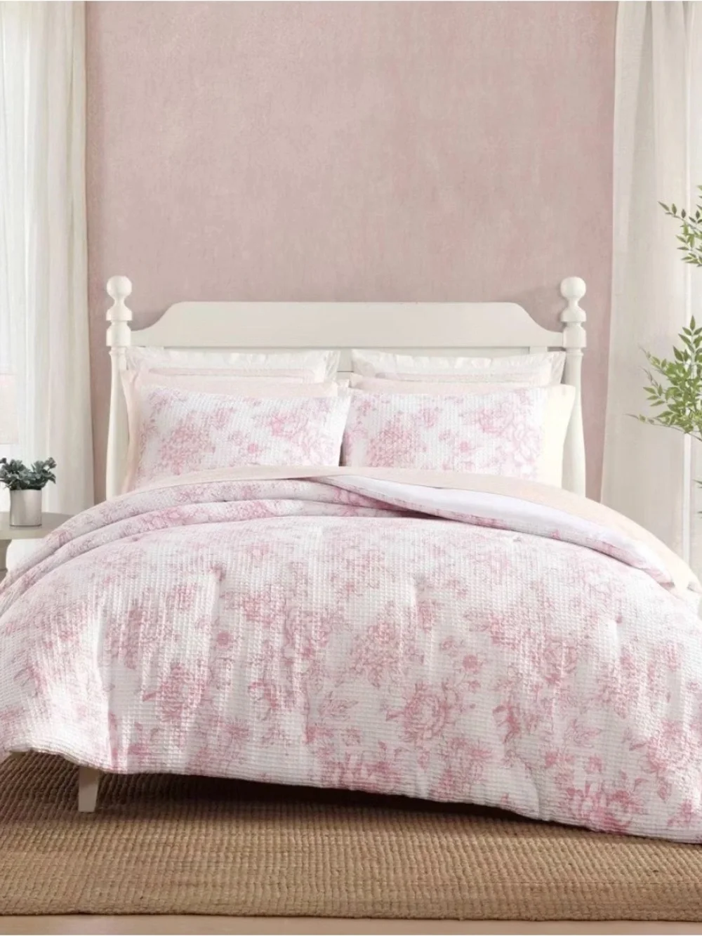 Laura Ashley Blush Pink Floral Delphine Waffle TWIN Comforter Set